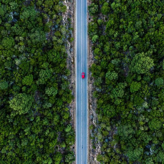 Luftaufnahme eines roten Autos, entlang einer Straße, flankiert durch einen grünen Wald.