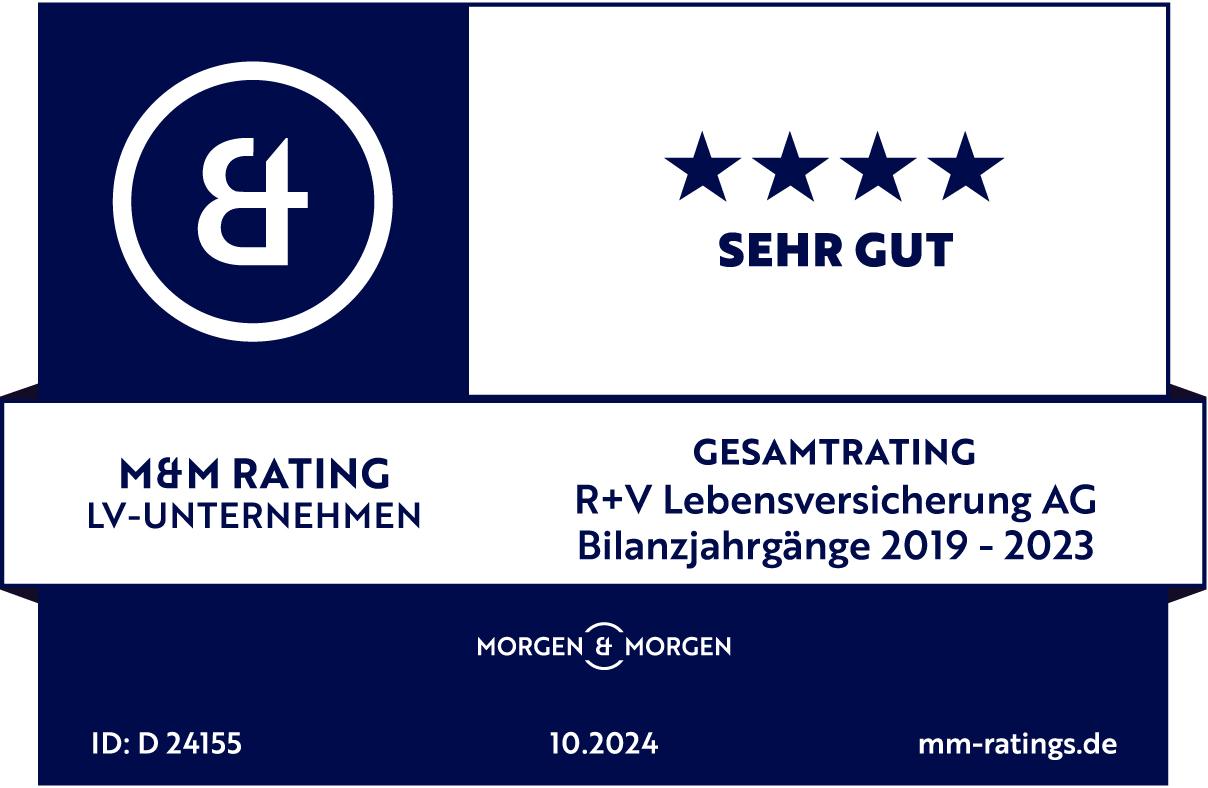 Testsiegel M & M Rating: "Sehr gut" für die R+V-Lebensversicherung AG, Bilanzjahrgänge 2017 bis 2021.