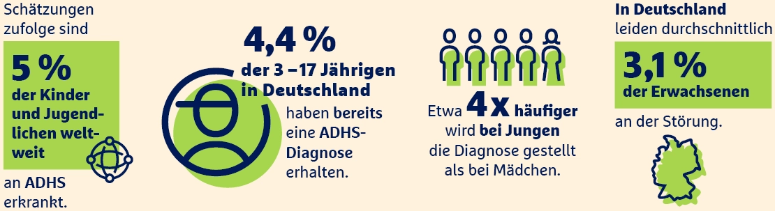 Infografik zu ADHS-Schätzungen in Deutschland: 5% der Kinder und Jugendlichen betroffen, 4,4% diagnostiziert, 3,1% der Erwachsenen leiden an der Störung.