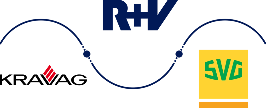 RHV, KRAVAG und SVG Logos verbunden durch eine Wellenlinie mit Verbindungspunkten