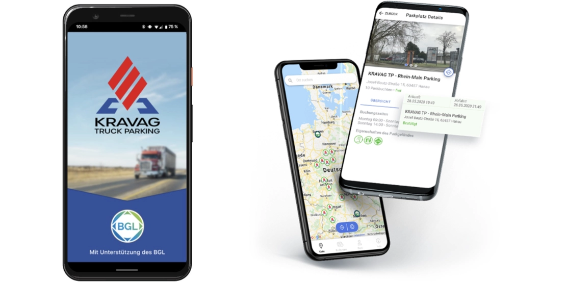 Smartphones, die die Kravag Truckparking App zeigen.