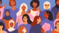 Diverse Gruppe von Frauen und Männern unterschiedlicher Hautfarben, Haarlängen und Altersgruppen auf blauem Hintergrund