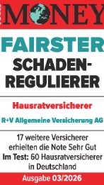 Das Siegel "Fairster Schadenregulierer" von Focus Money mit "Sehr gut" für unsere Hausratversicherung, gültig bis 01.2027.