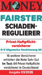 Das Siegel "Fairster Schadenregulierer" von Focus Money mit "Sehr gut" für unsere Haftpflichtversicherung, gültig bis 01.2027.