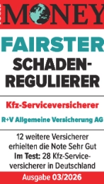 Das Siegel "Fairster Schadenregulierer" wurde von Focus Money für unsere Kfz-Versicherung mit der Note „Sehr gut“ vergeben. Gültig bis Januar 2027.