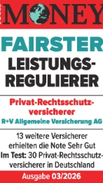 Das Siegel "Fairster Leistungsregulierer" von Focus Money mit "Sehr gut" für unsere Rechtsschutzversicherung, gültig bis 01.2027