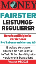 Das Siegel "Fairster Leistungsregulierer" von Focus Money mit "Sehr gut" für unsere Berufsunfähigkeitsversicherung, gültig bis 01.2027.