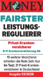 Das Siegel "Fairster Leistungsregulierer" von Focus Money mit "Sehr gut" für unsere Krankenversicherung, gültig bis 01.2027.