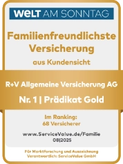Mit dem Siegel "Familienfreundlichste Versicherung" wurde die R+V Allgemeine Versicherung AG als Nummer 1 von Welt am Sonntag ausgezeichnet (gültig bis Dezember 2026).