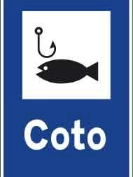 Blauschild mit Fischhaken und schwarzem Fisch, Aufschrift "Coto" für Angelgewässer