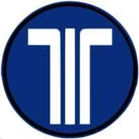 Weißes T-Logo auf dunkelblauem Kreishintergrund mit schwarzem Rahmen