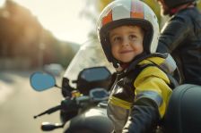 Ein Kind sitzt als Beifahrer auf einem Motorrad.
