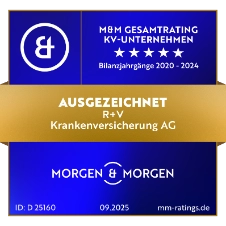 Das Siegel "Krankenversicherungs-Unternehmen" von Morgen&Morgen mit "Ausgezeichnet" für unsere R+V-Krankenversicherung, gültig bis September 2026.