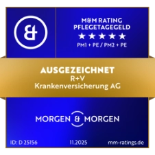 Das Siegel "Pflegetagegeld" von Morgen&Morgen mit "Ausgezeichnet" für unsere R+V-PflegeVorsorge, gültig bis November 2026.
