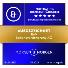 Das Siegel "Dienstunfähigkeit" von Morgen&Morgen mit "Ausgezeichnet" für unsere Berufsunfähigkeitsversicherung, gültig bis 06.2025.