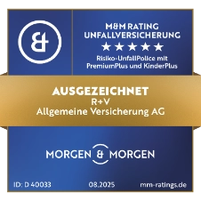Das Siegel "Risiko-UnfallPolice mit PremiumPlus und KinderPlus" von Morgen&Morgen mit "Ausgezeichnet" für unsere Unfallversicherung, gültig bis 08.2025.