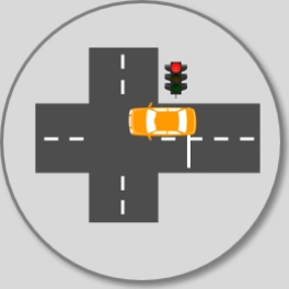 Orangefarbenes Auto an einer Kreuzung mit Ampel auf Rot, Vogelperspektive Straßenverkehr