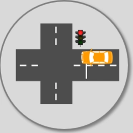 Kreuzung mit Ampel auf Rot und gelbem Auto, das von rechts auf die Straße fährt, Pixelgrafik-Stil.