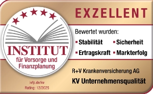 Das Siegel "KV Unternehmensqualität" vom Institut für Vorsorge und Finanzplanung mit "Exzellent" für unsere R+V-Krankenversicherung, gültig bis Dezember 2026.