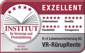 Das Siegel "VR-RürupRente" vom Institut für Vorsorge und Finanzplanung mit "Exzellent" für unsere R+V-Lebensversicherung, gültig bis 12.2025.