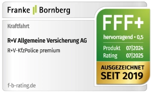 Das Siegel von Franke & Bornberg für unsere R+V-KfzPolice Premium mit der Note "hervorragend", gültig bis 07.2025.