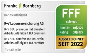 Das Siegel von Franke & Bornberg für unsere R+V-Berufsunfähigkeitsprodukte mit der Note "hervorragend", gültig bis 08.2026.