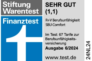 Das Siegel von Stiftung Warentest Finanztest für unsere Berufsunfähigkeitsversicherung mit "Sehr gut", gültig bis 06.2026.