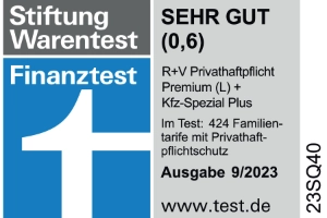 Das Siegel von Stiftung Warentest Finanztest für unsere R+V-Privathaftpflicht + Kfz-Spezial Plus mit "Sehr gut", gültig bis 09.2025.