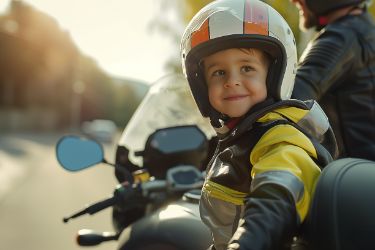 Ein Kind sitzt als Beifahrer auf einem Motorrad.