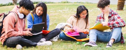 Junge Menschen sitzen auf einer Wiese auf dem Campus und lernen.