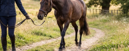 Frau geht mit Braunem Pferd über einen Feldweg