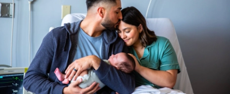 Glückliche Eltern im Krankenhaus halten im Krankenhaus ihr neugeborenes Baby im Arm.