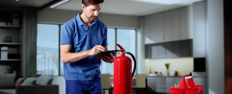 Ein Mann installiert einen Feuerlöscher und liest die Bedienungsanleitung.