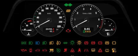 Auto-Display mit Tacho und diversen Kontrollleuchten und Warnsignalen.