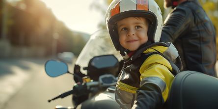 Ein Kind sitzt als Beifahrer auf einem Motorrad.