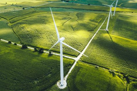 Landschaft mit einem große gruenen Feld, Flussauen und Windraedern