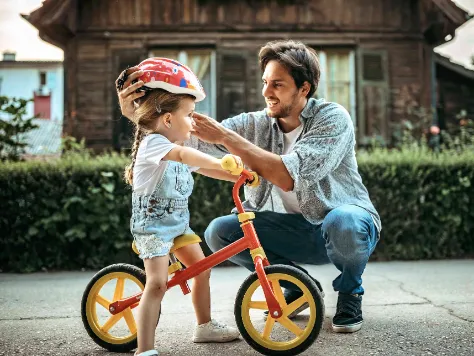 Ein Vater setzt seiner Tochter auf dem Fahrrad einen Helm auf als Symbol für die Kindervorsorge durch die Eltern. 