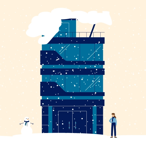 Illustration eines mehrstöckigen Gebäudes mit Sternen und Datenvisualisierungen, flankiert von zwei Personen und einem Schneemann