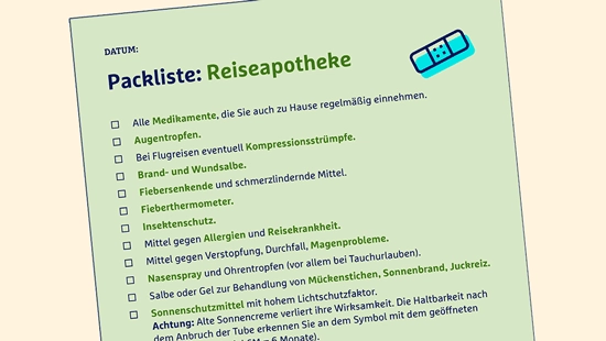 Packliste Reiseapotheke mit Kontrollkästchen und Medikamenten-Checkliste für Reisen