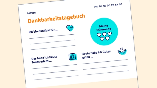 Dankbarkeitstagebuch zum Ausfüllen mit Feldern für Dankbarkeit, Tagesevents und gute Momente, dekoriert mit Herz-Symbolen