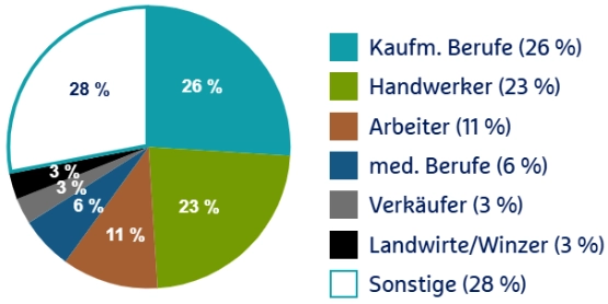 Kaufm. Berufe 26 %, Handwerker 23 %, Arbeiter 11 %, med. Berufe 6 %, Verkäufer 3 %, Landwirte/Winzer 3 %, Sonstige 28 %