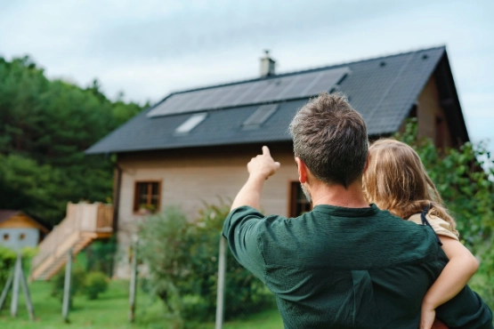 Mann mit Kind auf der Schulter zeigt auf modernes Haus mit Solarpanelen und grünem Garten