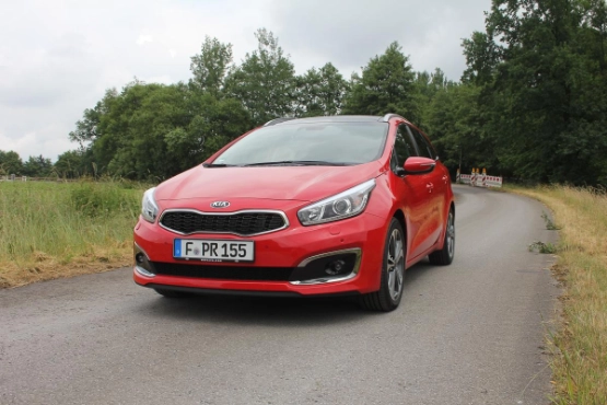 Roter Kia Cee'd auf ländlicher Straße mit Baumreihe und Grünland im Hintergrund