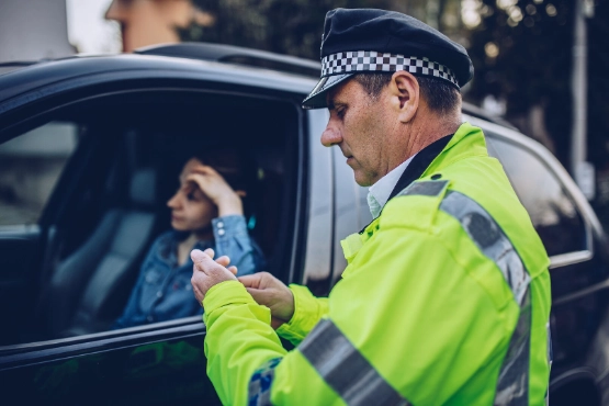 Junge Frau in Polizeikontrolle.