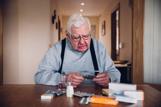 Senior sitzt am Tisch, welcher voll mit verschiedenen Tabletten ist und schaut überfordert.