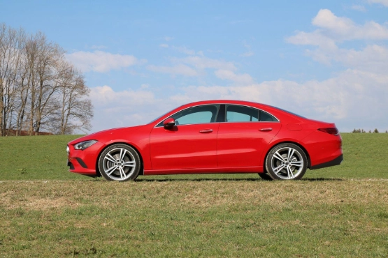Roter Audi A4 Coupé steht auf Wiese vor kahlen Bäumen bei bewölktem Himmel