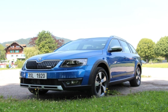 Blauer SUV steht auf grüner Wiese vor Haus und Bäumen, sonniger Sommertag