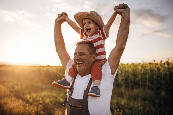 Kleines Kind sitzt  bei Papa auf den Schultern und stehen vor einem Sonnenblumenfeld