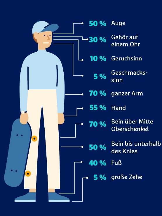 Die Gliedertaxe zeigt, welche Invaliditätsgrade bei Verlust oder vollständiger Funktionsunfähigkeit gelten.