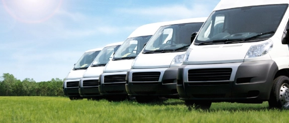 Reihe von weißen Transportern auf grüner Wiese unter blauem Himmel geparkt